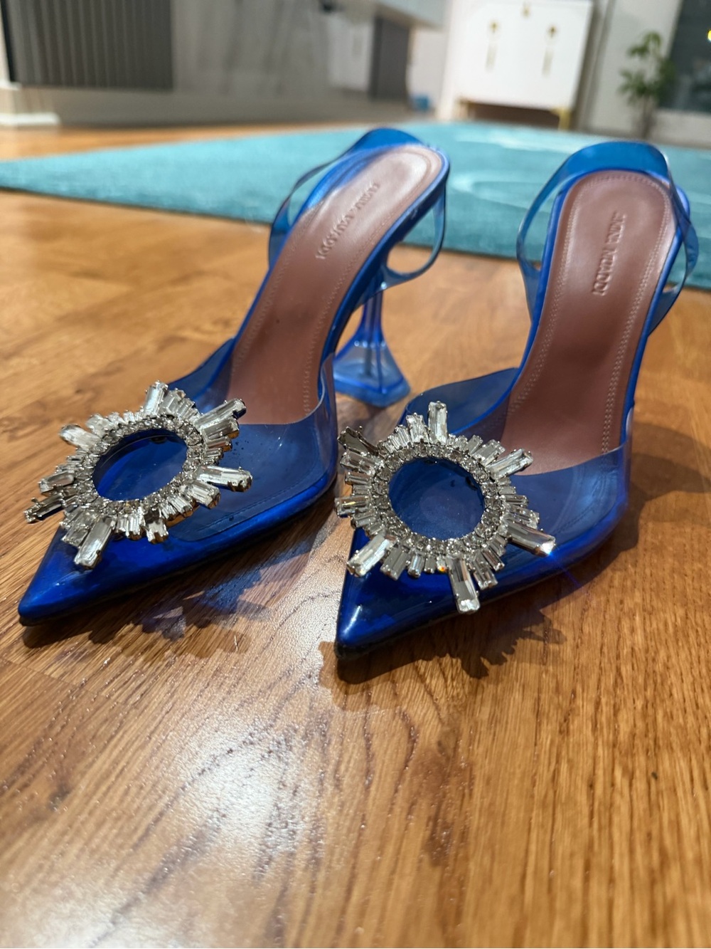 Amina Muaddi Blue Crystal-Embellished Pointed Slingback Heels